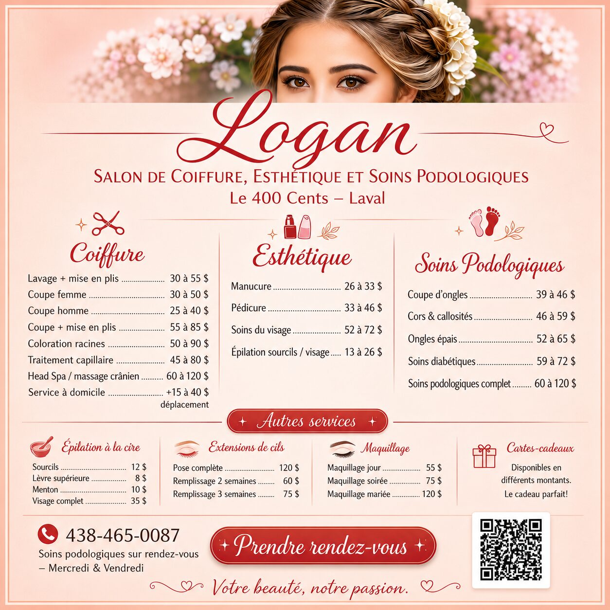 Nos tarifs coiffure, esthétique et podologie